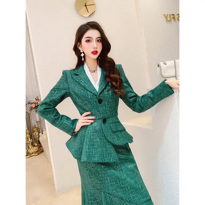 

2021 Autumn and Winter New Women's Fashion Ruffles Waist Trimming Coat Sheath Fishtail Skirt Irregular Two-Piece Set Suit Y357