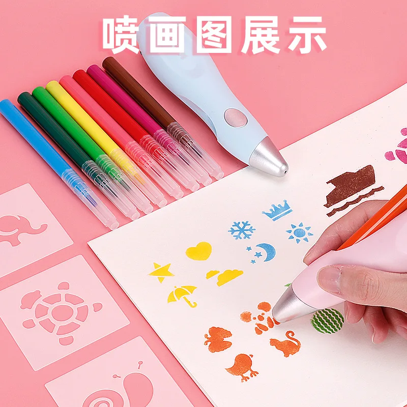 

Children Electric Airbrush Spray Painting Set Drawing Toys Multi-function With Painting Template Replacement Color Pen