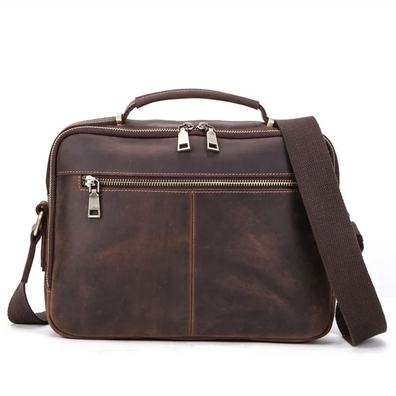 Crazy Horse Cowhide Men Briefcase Genuine Leather Man Crossbody Bags Vintage Handbags Large Capacity Male Shoulder Bag Bolsos