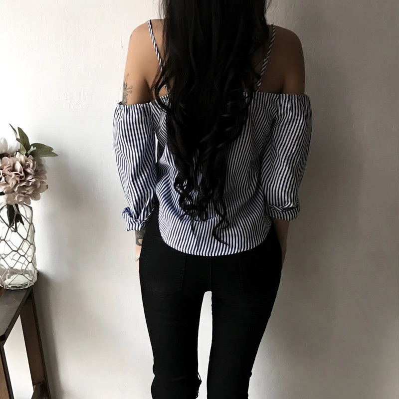 

2020 Stripe Blouse Women Autumn Long Sleeved Shirts Tops Fashion Off Shoulder Button Blouses Strapless Slash Neck Blouse Clothes