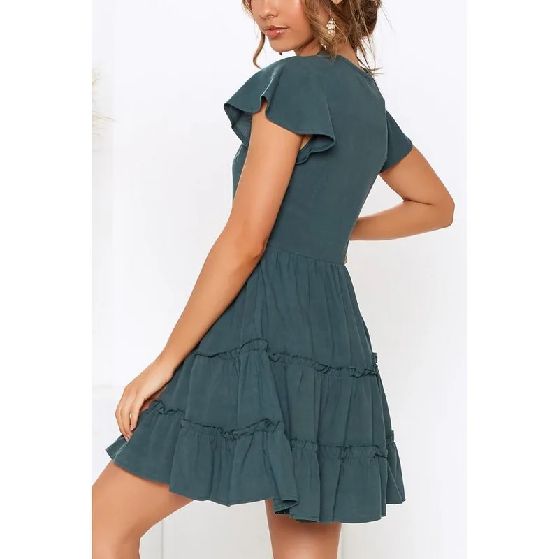 

2020 New Fashion Solid Elegant V neck Buttons Women Summer Dresses Casual Short Sleeve Beach Mini Dress Vestido Festa