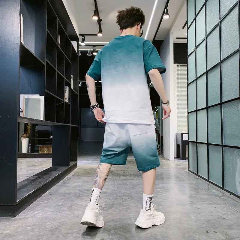 

Men Sets Summer Short Sleeve Shirt Sets Gradient Color Men Clothing Summer Sportswear 2 Piece Set Sweatsuit Track Shorts Male