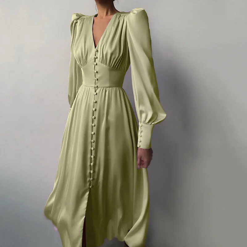 

Long Dress Women Spring Autumn Lantern Sleeves V-neck Slim Button Dress Ladies Fashion Elegant Dress