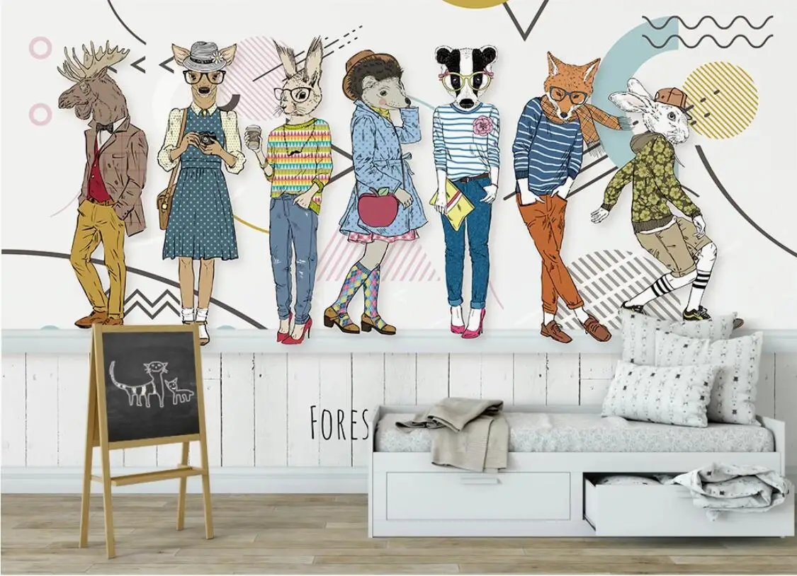 Северные картонные росписи Лесные животные Обои для детской комнаты Роскошная стена Мурал Картина Искусство печати на холсте HD-картон печать бумаги.