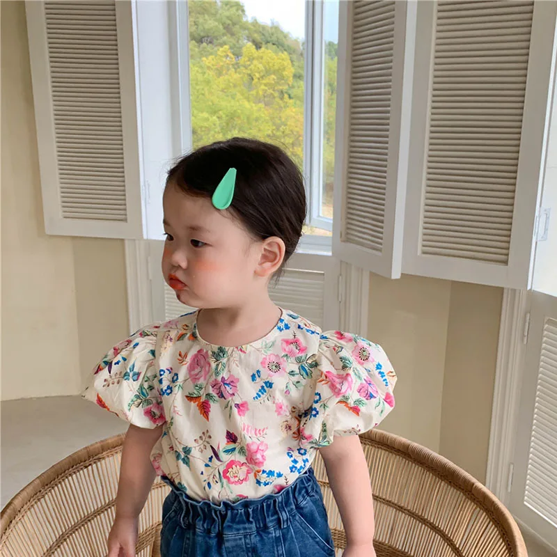 

MILANCEL 2021 Summer New Girls Shirt Floral Kids Tops Korean Children Tees Puff Sleeve Clothes