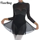 Женское платье с длинным рукавом, Сетчатое платье для фигурного катания, балетное трико, стразы, костюм для лирических танцев