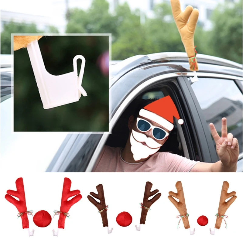 

Window Top + Grille Antlers Red Nose Kit Car Holiday Accessories Decorative Kit for SUV 2022 Christmas Holiday