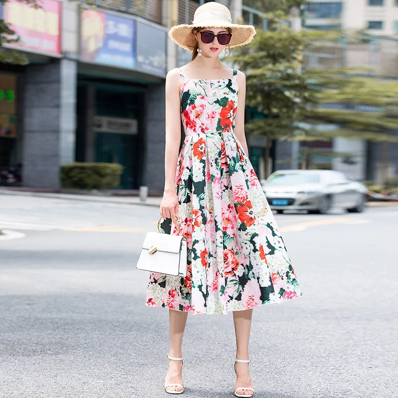 

Romantic Floral Print Holiday Suspender Dress for Women Summer New Lady Temperamental Big Swing Mid-Length Dress
