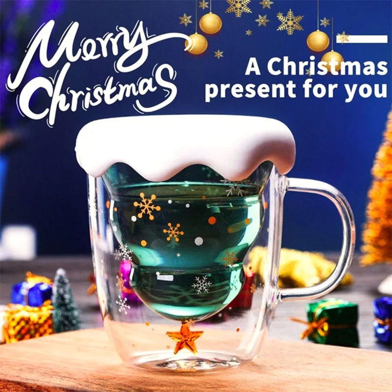 

300ML Christmas Tree Starry Sky Coffee Mug Double Layered Anti Scald Glass Thermal Insulation Breakfast Milk Cup Children's Gift