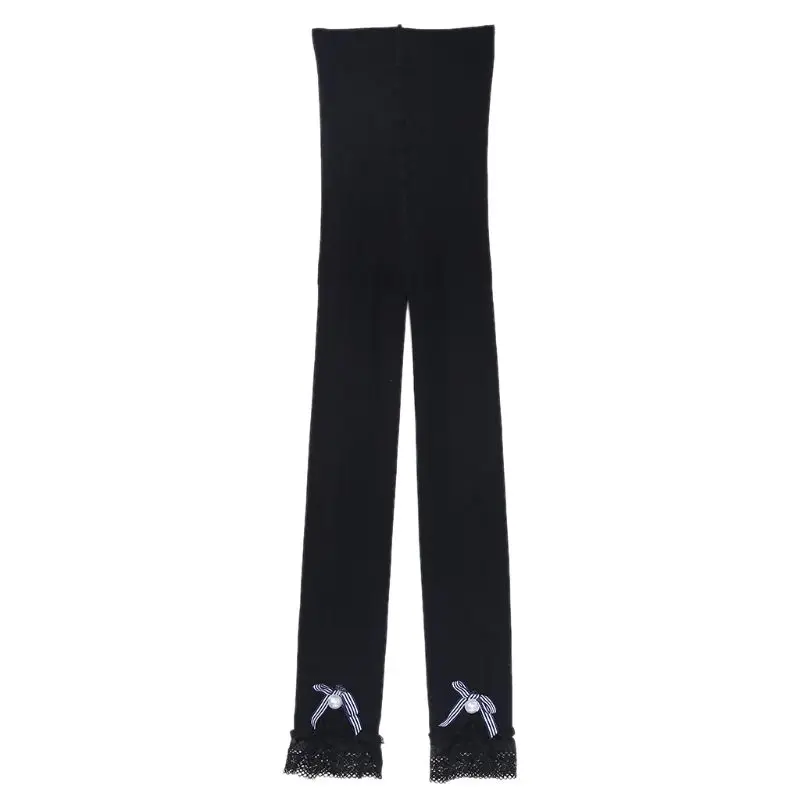 Леггинсы для девочек Однотонные эластичные с кружевной отделкой бантом до