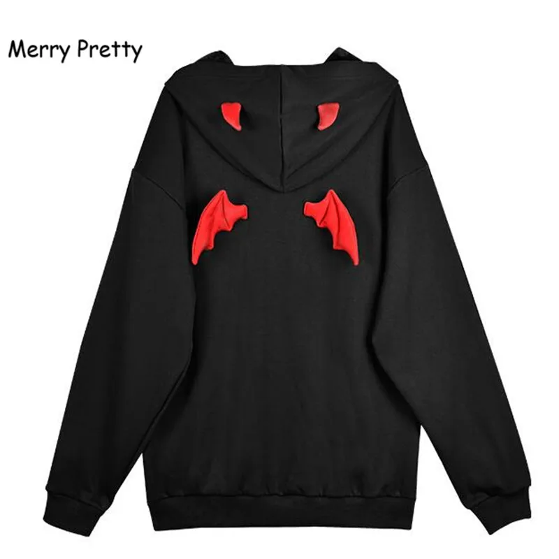 

Merry Pretty Winter Black Gothic Hoodies Women Letter Embroidery Pullovers Plus Velvet Thick Warm Coat With Ears On Hood Outwear