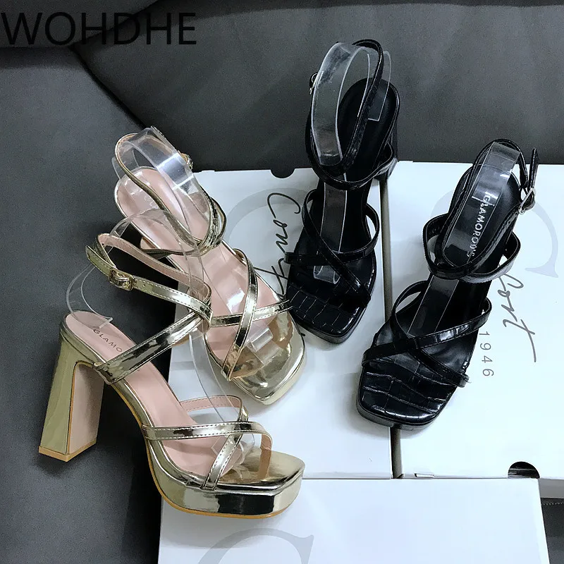 

WOHDHE Summer Women Sandals Ankle Strap 11.5CM High Heels Open Toe Shoes Waterproof Stripe Straps High Stiletto Block Heels