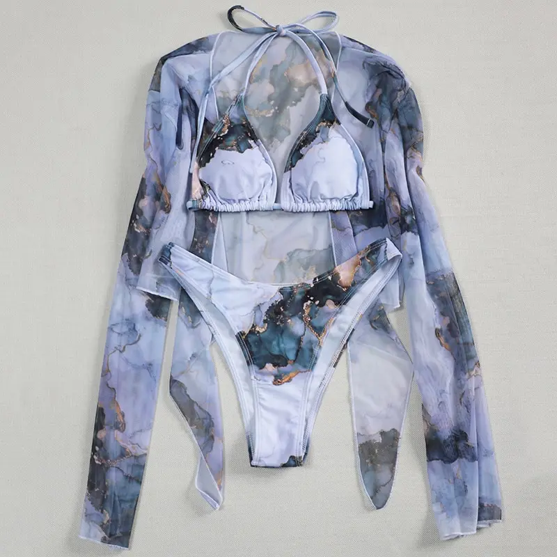 

New Sexy Marble Print Push Up bikini Women Swimsuit Female Swimwear 3-piece Bikini set V-Bar Wired Short Skirt Bathing suit Swim