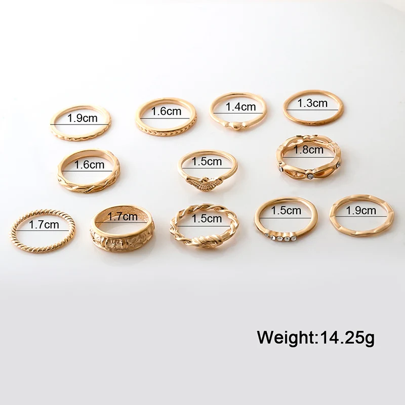 12Pcs Gold BFH винтажные золотые кольца для женщин богемное этническое Серебряное сердце лук твист палец кольцо Набор костяшки модные ювелирные изделия - Цвет основного камня: 12Pcs Gold