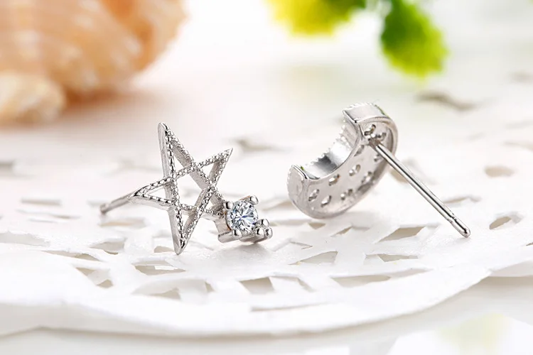 

925 Sterling Silver Moon Star Stud Earrings for Women 2020 Valentine's Day Gift Zirconia Crystal Cute Earrings Silver Jewelry