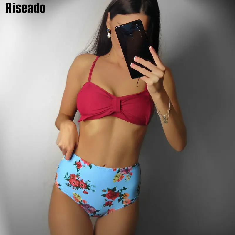 Riseado, сексуальное бикини с бантиком, на бретелях, бандо, купальник для женщин, высокая талия, купальники, цветочный принт, летняя пляжная одежда, купальные костюмы