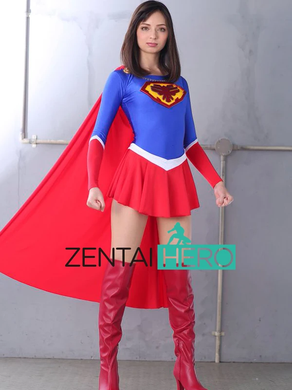 

Hot Sexy Women's Superhero Spandex Bodysuits Blue/Red Supergirl Lady Zentai Catsuit Movie Cosplay Giga Leotard With Cape