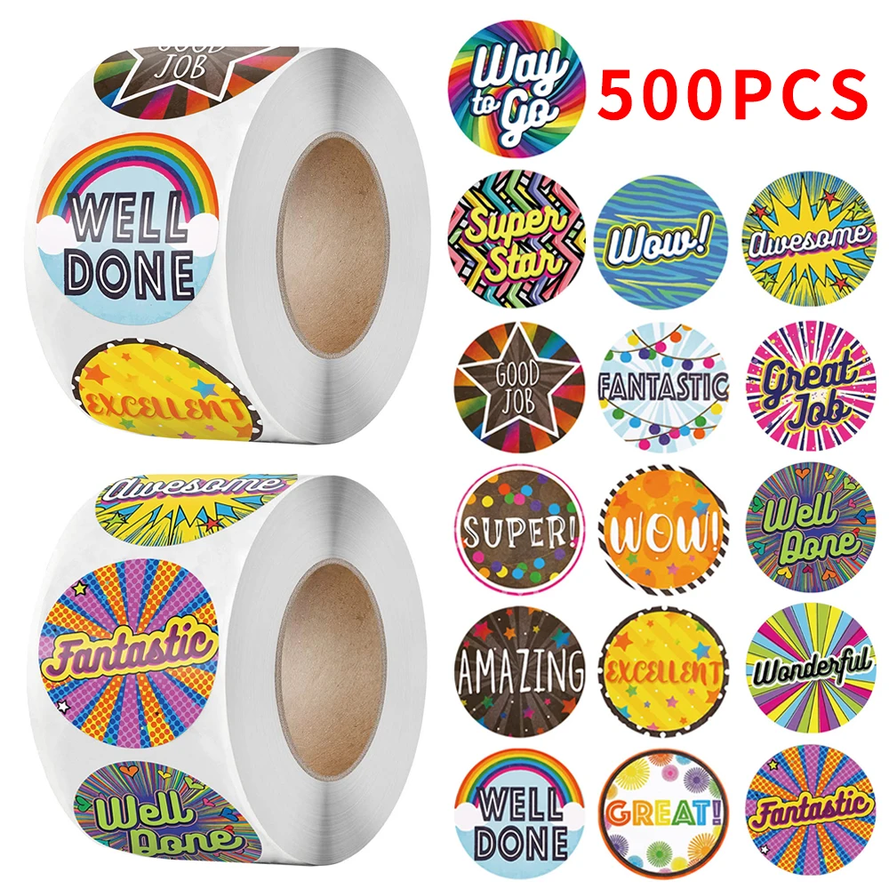 

500Pcs/Roll Cute Reward Stickers 8 Designs Encouragement Words School Teacher Reward Students Children Label Stationery Stickers