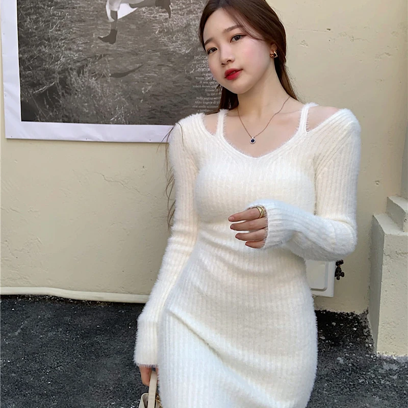 

Korean Fashion Woman Clothes Knitted Dress Autumn V-neck Black Off Shoulder Hollow Out Spring Fall White Mini-dresses New