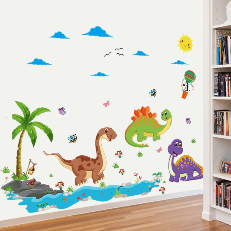 

Cartoon Wall Stickers for Kids Room Bedroom Decor Dinosaur Paradise Kindergarten Classroom Layout Glass Window Sticker Removable