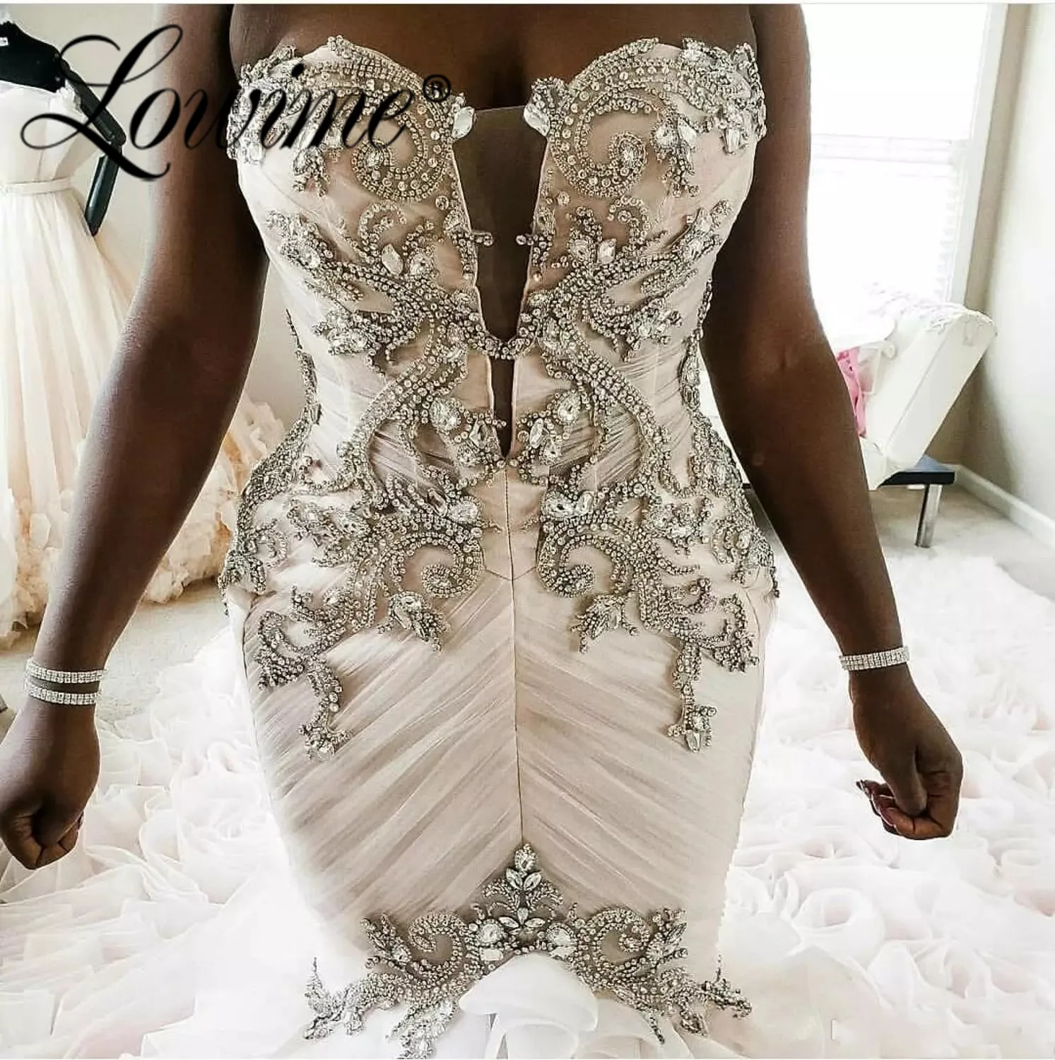 Crystals Pink Wedding Dresses 2021 Tiered Skirt Ruffles Mermaid Wedding Gown Customized Plus Size Bridal Gowns Vestidos De Novia