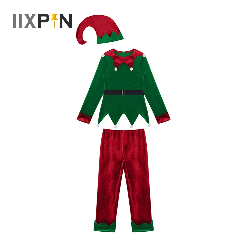 Купи Kids Christmas Elk Elf Cosplay Costume Cute Santa Claus Outfit Velvet Tops With Pants And Hat Set Boys Girls Xmas Party Clothing за 869 рублей в магазине AliExpress