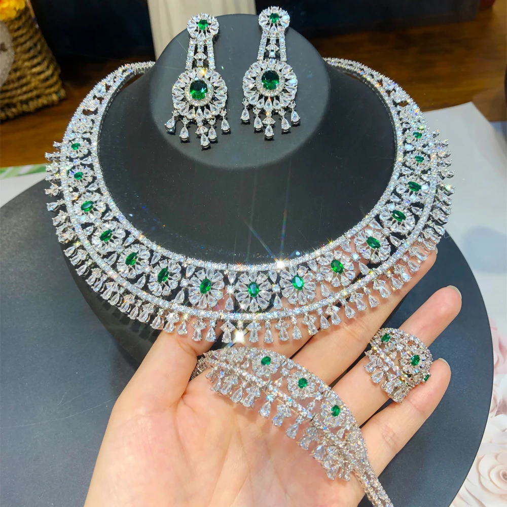 

KellyBola Luxury Dubai Necklace Bracelet Earrings Ring Jewelry Set Ladies Wedding Cubic Zircon CZ Bridal Boutique Jewelry 4PCS