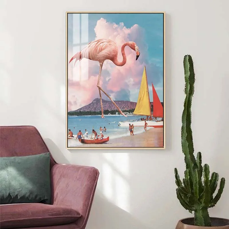 Розовый фламинго пляж Звездный пейзаж холст живопись скандинавский абстрактный