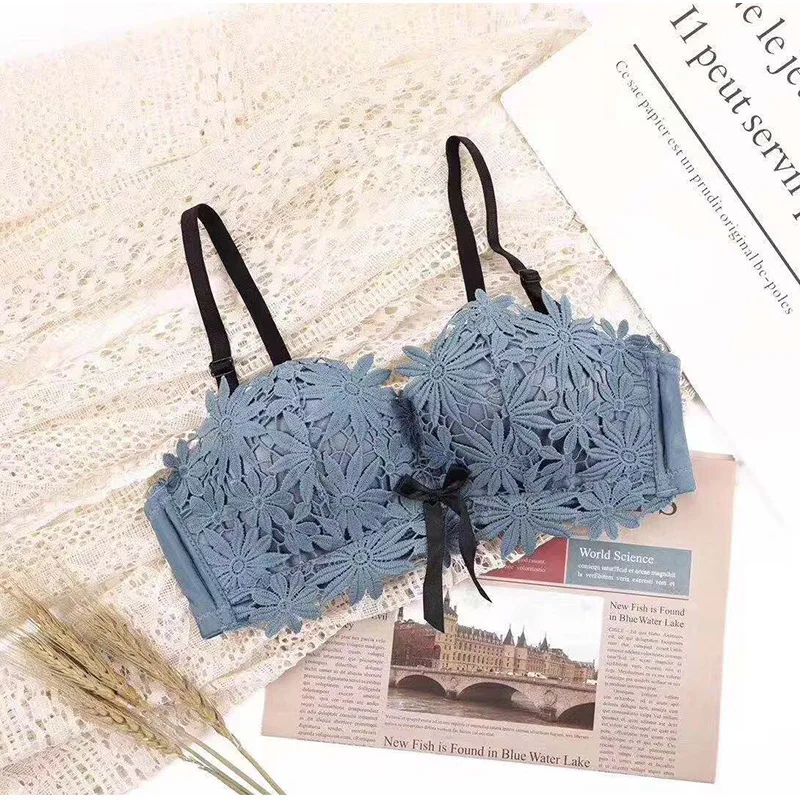 Flower Lace Brassiere Bra Underwear Women BH Lingerie Sexy Bralette Push Up Soutient Gorge AB Cup Female Intimates Wire Free New - Цвет: Небесно-голубой