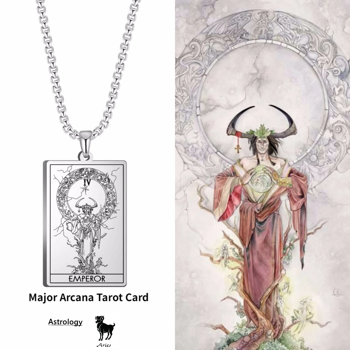 

Major Arcana Tarot Card Emperor Pendant Necklaces Vintage Stainless Steel Amulet Charms Chain Witchcraft Zodiac ARIES Jewelry