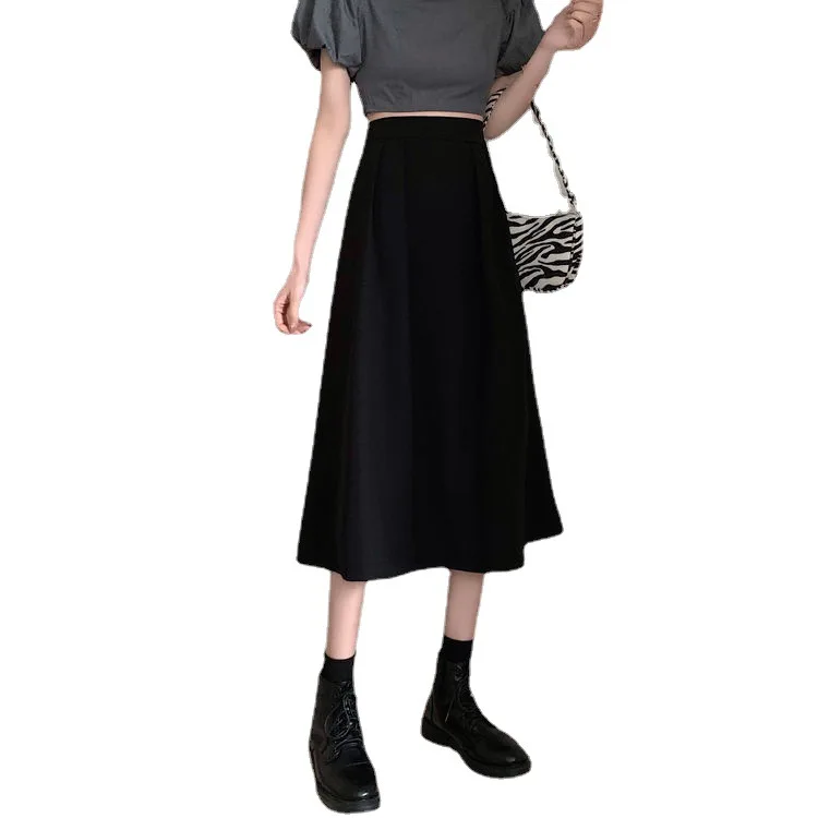 

Pleated Skirt Female 2021 Spring Summer New Student Korean Elastic Waist Mid-Length Versatile Casual High Waist A-Line Skirt