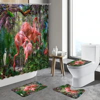 4pcst flamingo shower curtain pink bird parrot green tropical leaf flower cactus palm tree anti slip bath mat toilet bathroom ru
