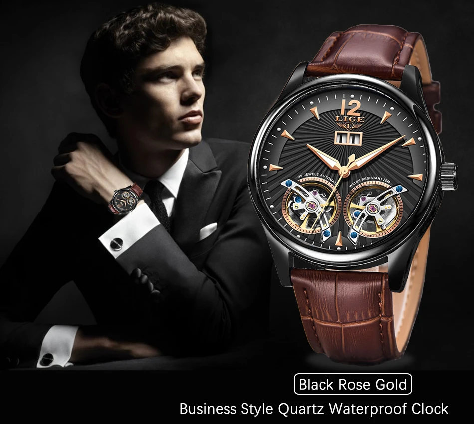 

2020 Business Watch Men LIGE New Casual Leather Double Tourbillon Mechanical Clock Mens Watches Automatic Clock Relojes Hombre