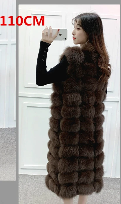 Brown 110cm Уникальный дизайн X-Long жилет из натурального меха лисы полный ремень женский длинный тонкий натуральный мех пальто с карманами молния спереди 90 см/110 см - Цвет: Brown 110cm