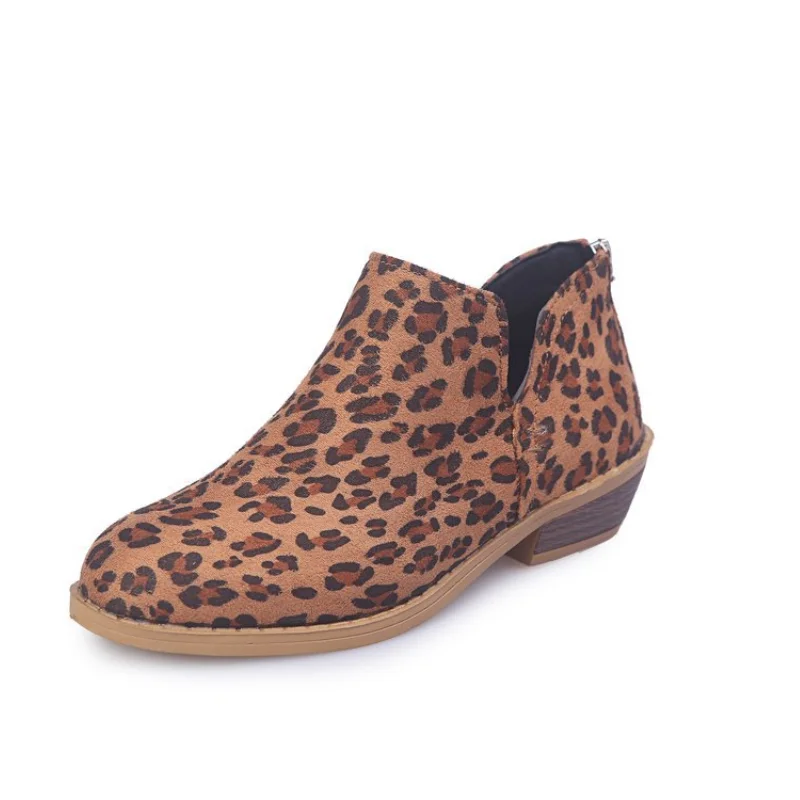 

2021 Winter New Women Fashion PU Leather Flat Bottom Leopard Boots Round Head Back Zipper Popular Casual Women Boots