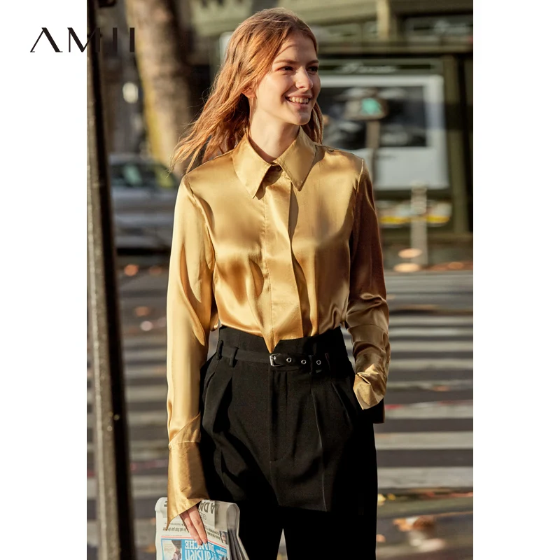 Amii Minimalist Office Lady Blouse Causal Women Long Sleeve Solid Notched Collar Loose Elegant Female Shirt 11970006 |