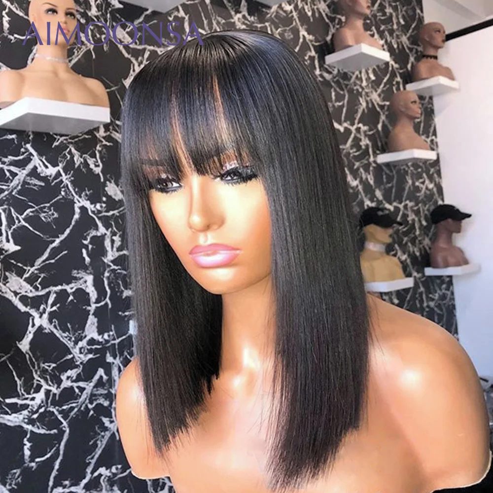 Bob Wig 13X4 Lace Front Human Hair Wigs Preplucked For Black Women Wig With Bangs Human Hair Glueless Blunt Cut Bob Wig 130 Remy