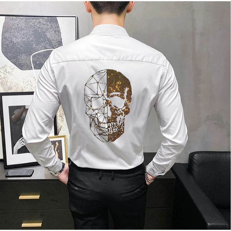Spring 2021 Shirt For Men Formal Wear Stand Collar Long Sleeve Rhinestone Style Nightclub Casual Slim Homme Tops Plus Size 4XL