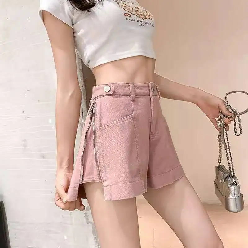

Women 2021 Summer Fashion High Waist Wide Leg Denim Shorts Female New Split Zipper Shorts Ladies Solid Color Loose Shorts Y43
