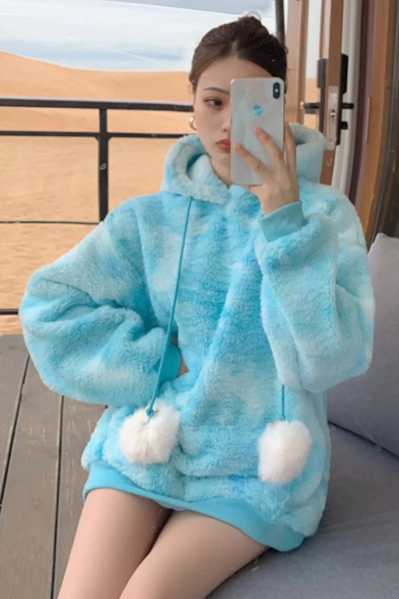 

Tie-dyed Lamb Wool Thick Sweater Women 2021 New Autumn and Winter Mid-length Hooded Plus Velvet Loose Hoodie Coat Trend