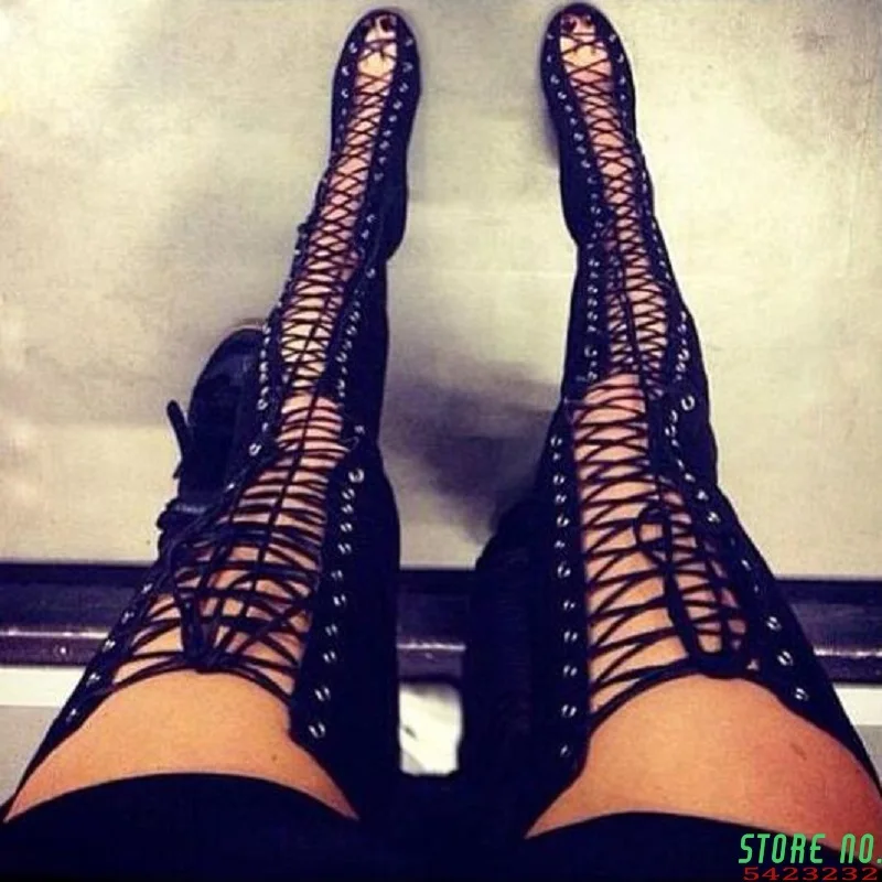 

Over the knee long boots women sexy high heels lace up peep toe ladies shoes black cross strappy punk thigh high boots big size
