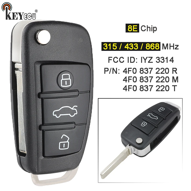 KEYECU 433 МГц 8E чип P/N: 4F0837220R 4F0837220M 4F0837220T замена флип дистанционный ключ-брелок от