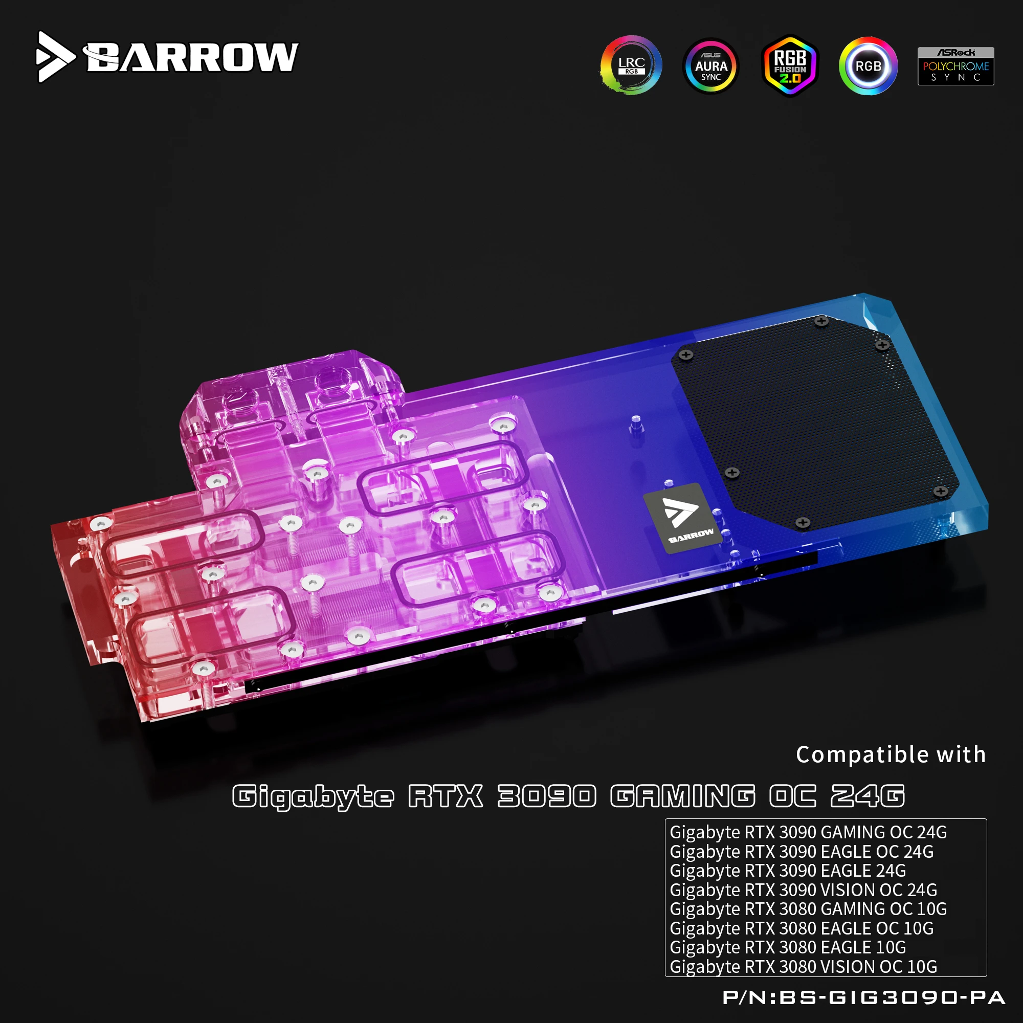 

Barrow 3090 3080 GPU Water Block for GIGABYTE 3090/3080 GAMING EAGLE VISION OC, Full Cover ARGB GPU Cooler, BS-GIG3090-PA