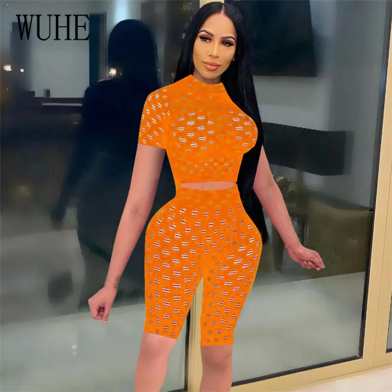 

Летний комплект YEYA, короткий рукав, прозрачный топ с вырезами и круглым вырезом и облегающие брюки, уличная одежда, комплект из двух предмет...