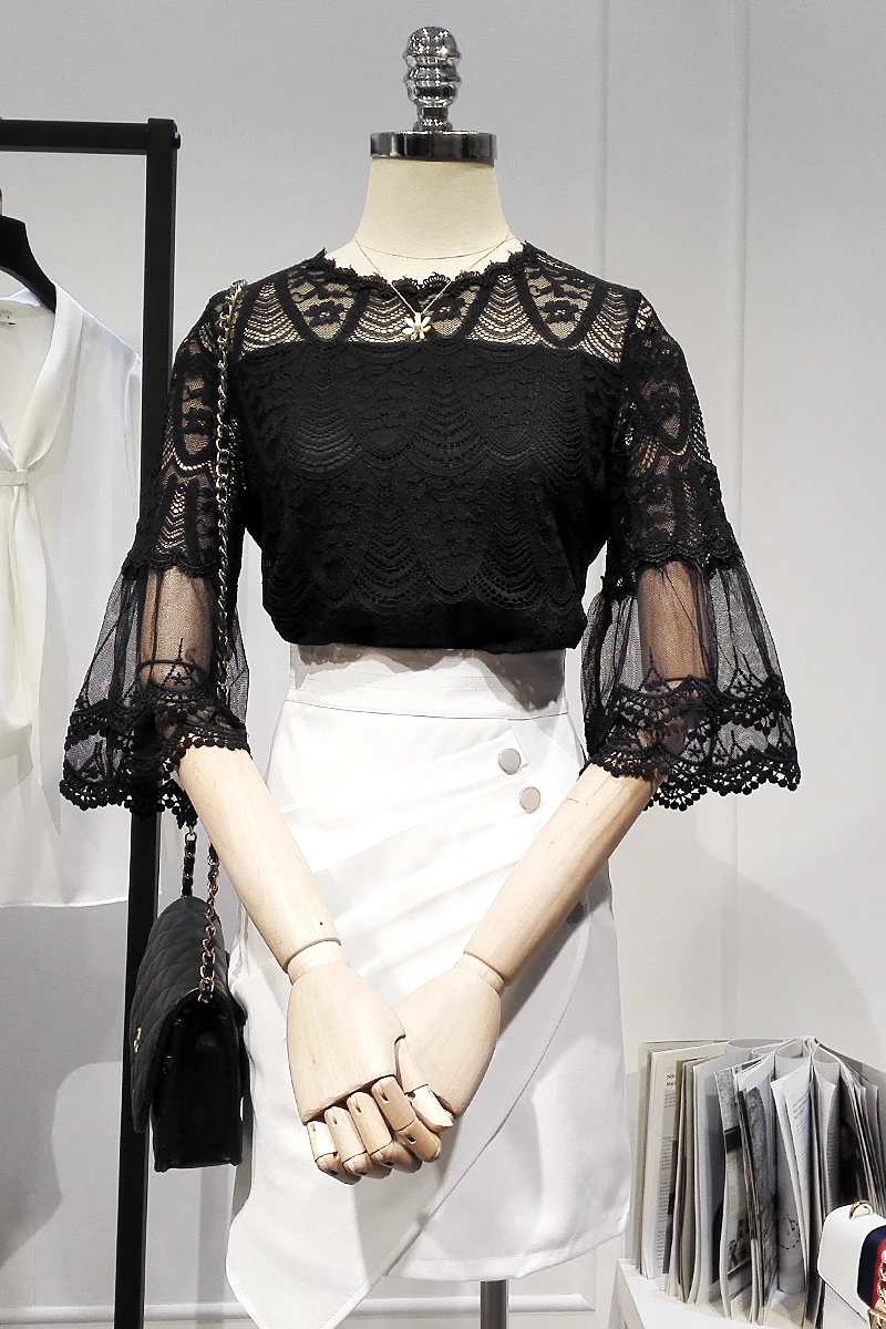 

Elegant Crocheted Hollow Lace Shirt T-shirt Women's 2021 Summer New Korean Style Sweet Versatile Fashion Pullover Tops Kawaii