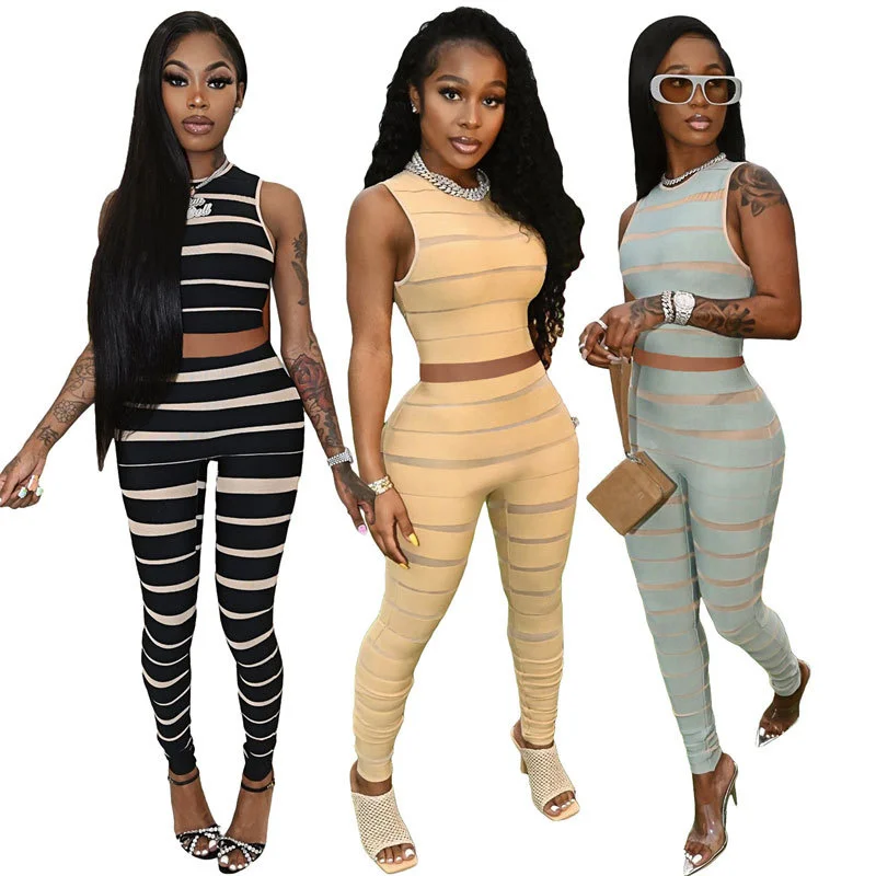 

Cutubly Casual Girls Women Set High Waist Striped 2 Piece Pants Set For Women Sleeveless Cami Top And Pencil Pants Set Fashion