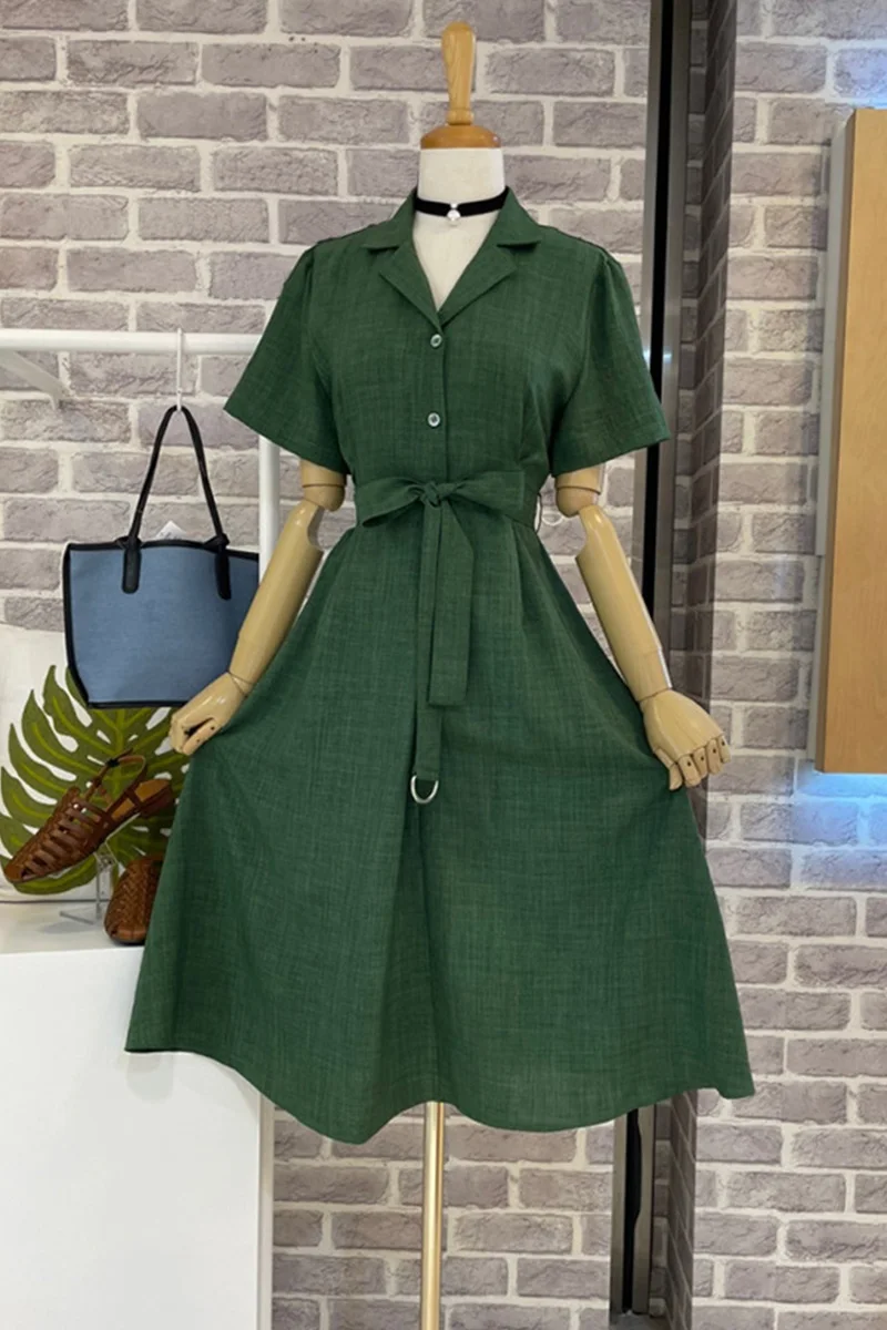 

Plus Size Shirt Dress for Women 2021 Summer High Waist A Line Long Dress Female Waist Slimming Cotton Linen Dress