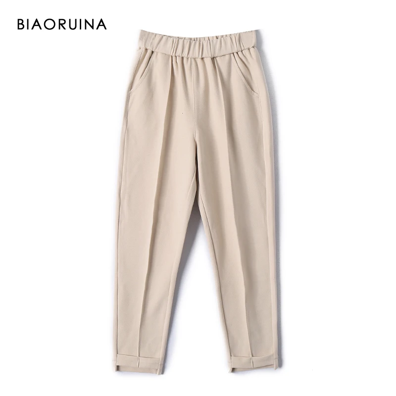 BIAORUINA Women's Elastic High Waist Loose Harem Pant Female Casual All-match Solid Ankle-Length Trouser Thick and Warm |