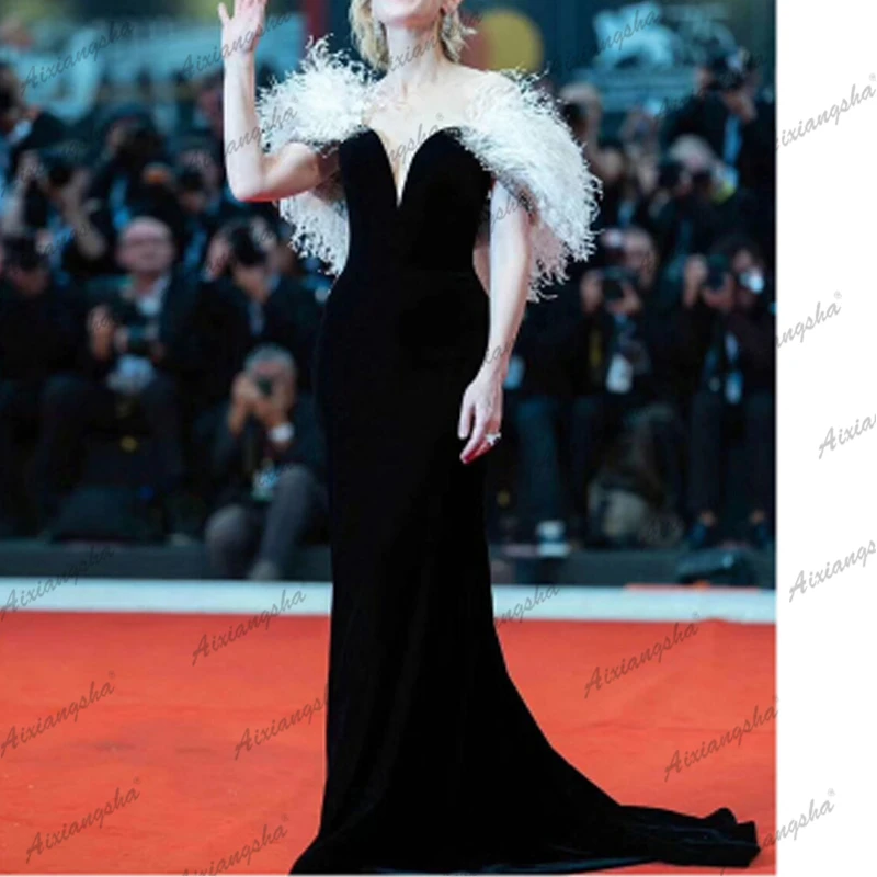 

Short Sleeve Velour Evening Dresses Mermaid White Feather Off The Shoulder Veatido De Fiesta Red Carpet Dress