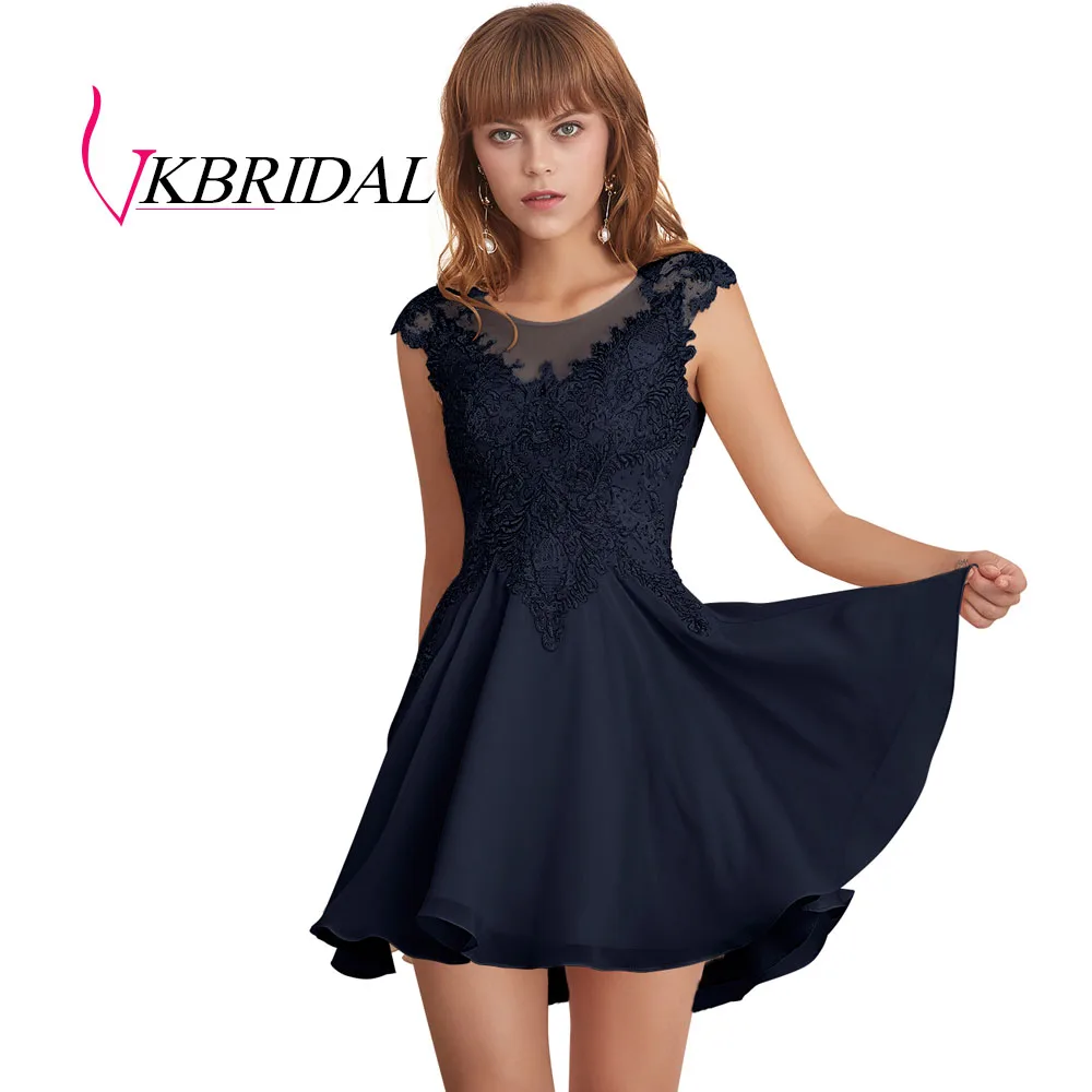 navy blue VKBRIDAL Выпускные платья шампанского шифон аппликации бисером вечернее короткое платье для выпускного вечера - Цвет: navy blue